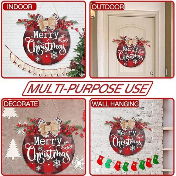 Merry Christmas Decoration Wreath, Christmas Red Plaid Door Hanging Sign 12 inch - Picture 6 of 6